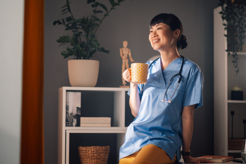 Nurse taking a break in a cozy room